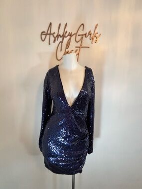 Mystique Boutique Navy Blue Long Sleeve Sequin Mini Dress